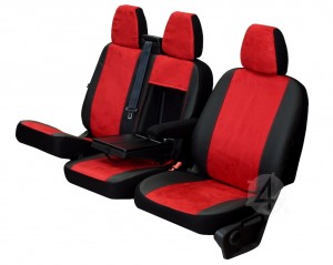  Sitzbezüge CUSTO Rot passgenau KUNSTLEDER & VELOURSLEDERIMITAT geeignet für Ford Transit Bj. ab 2014 -