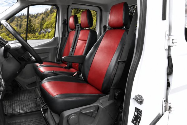 Autositzbezüge passend für Ford Transit VII / VIII ab 2014 / Facelift ab 2020 – Kunstleder MA RED – roter Mittelteil